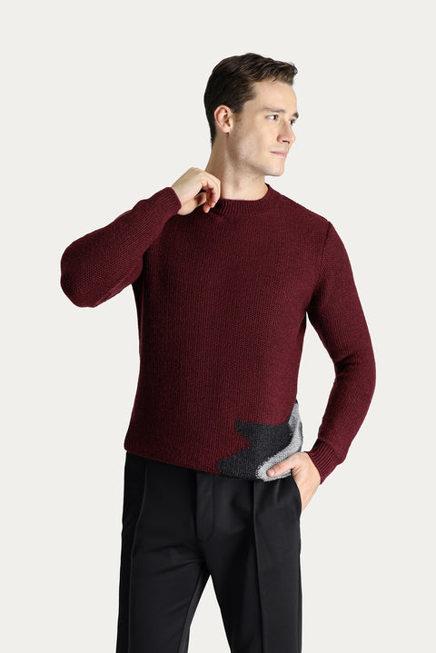 Dark Burgundy Crew Neck Slim Fit Narrow Cut Wool Patterned Knit Sweater