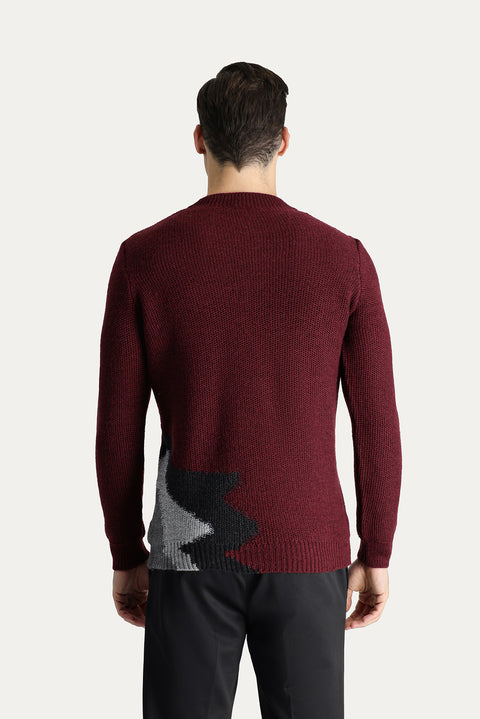 Dark Burgundy Crew Neck Slim Fit Narrow Cut Wool Patterned Knit Sweater