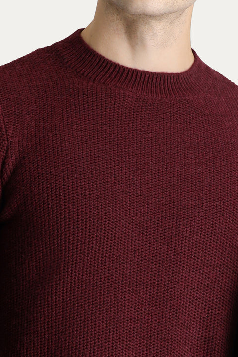 Dark Burgundy Crew Neck Slim Fit Narrow Cut Wool Patterned Knit Sweater