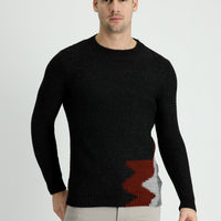 Dark Anthracite Melange Crew Neck Slim Fit Narrow Cut Wool Patterned Knit Sweater