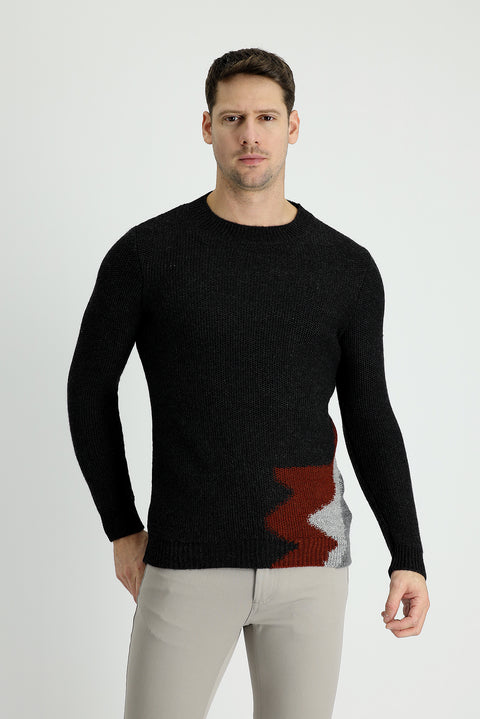 Dark Anthracite Melange Crew Neck Slim Fit Narrow Cut Wool Patterned Knit Sweater