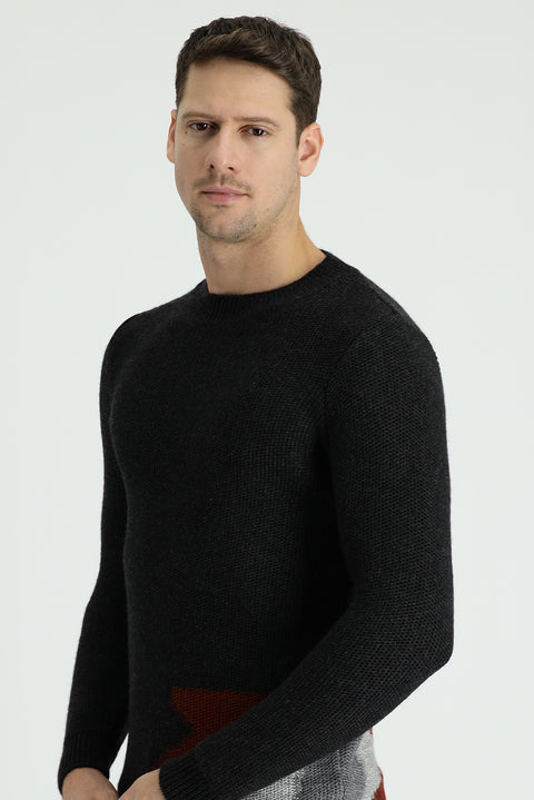 Dark Anthracite Melange Crew Neck Slim Fit Narrow Cut Wool Patterned Knit Sweater