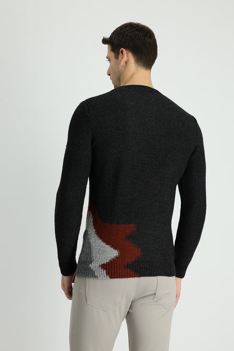 Dark Anthracite Melange Crew Neck Slim Fit Narrow Cut Wool Patterned Knit Sweater