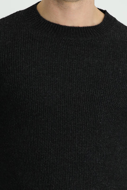 Dark Anthracite Melange Crew Neck Slim Fit Narrow Cut Wool Patterned Knit Sweater