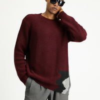 Dark Burgundy Crew Neck Slim Fit Narrow Cut Patterned Wool Knit Sweater