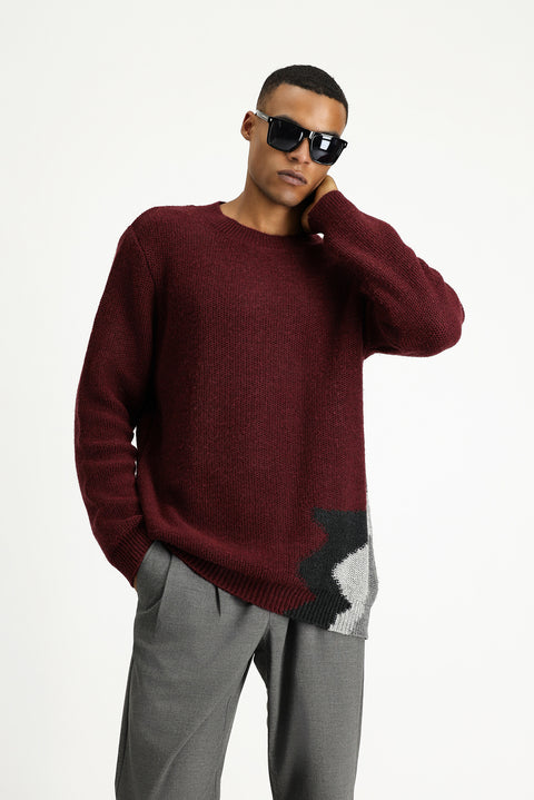 Dark Burgundy Crew Neck Slim Fit Narrow Cut Patterned Wool Knit Sweater