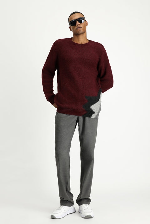 Dark Burgundy Crew Neck Slim Fit Narrow Cut Patterned Wool Knit Sweater