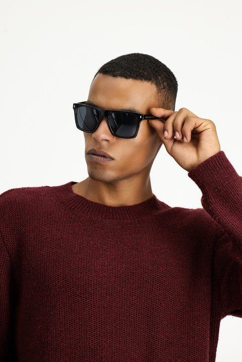 Dark Burgundy Crew Neck Slim Fit Narrow Cut Patterned Wool Knit Sweater