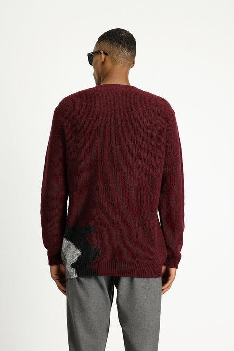 Dark Burgundy Crew Neck Slim Fit Narrow Cut Patterned Wool Knit Sweater