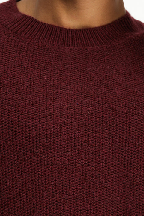 Dark Burgundy Crew Neck Slim Fit Narrow Cut Patterned Wool Knit Sweater