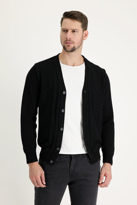 Black Wool Patterned Cotton Knit Cardigan