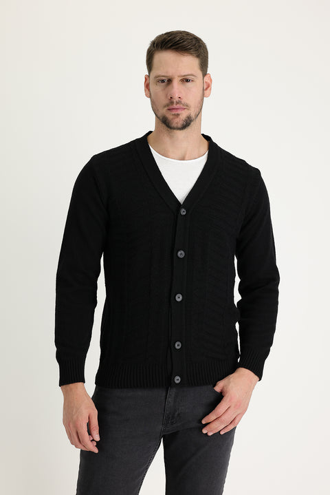 Black Wool Patterned Cotton Knit Cardigan