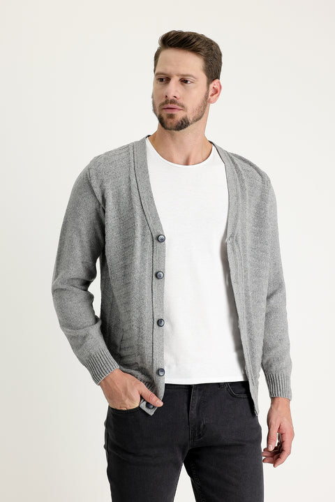 Medium Grey Wool Patterned Cotton Knit Cardigan