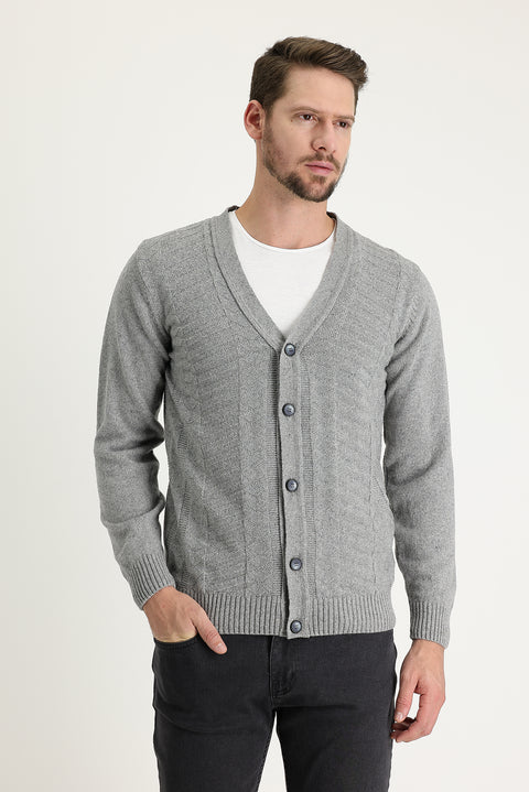 Medium Grey Wool Patterned Cotton Knit Cardigan