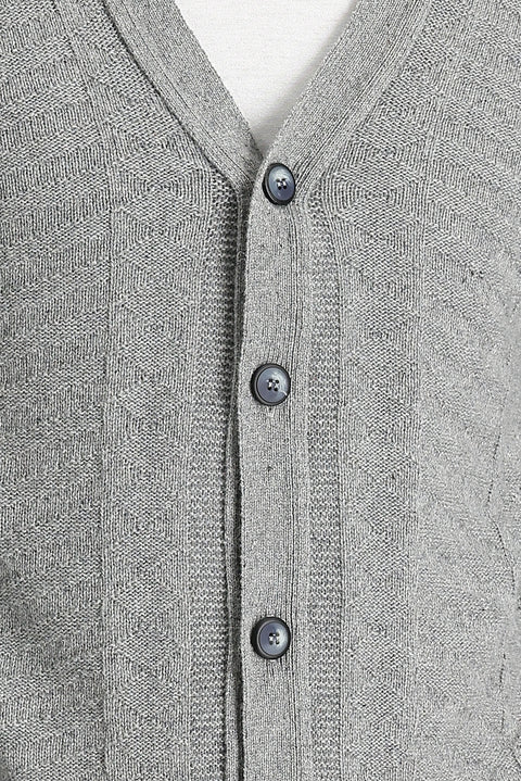 Medium Grey Wool Patterned Cotton Knit Cardigan