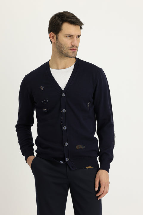 Koyu Lacivert Slim Fit Dar Kesim Desenli Triko Hırka
