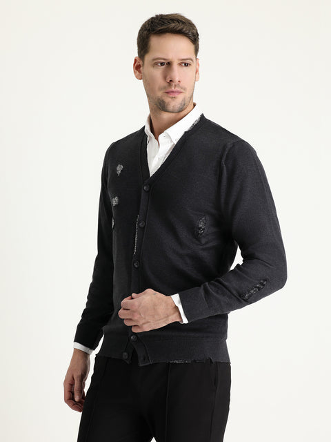 Dark Anthracite Slim Fit Narrow Cut Knit Cardigan