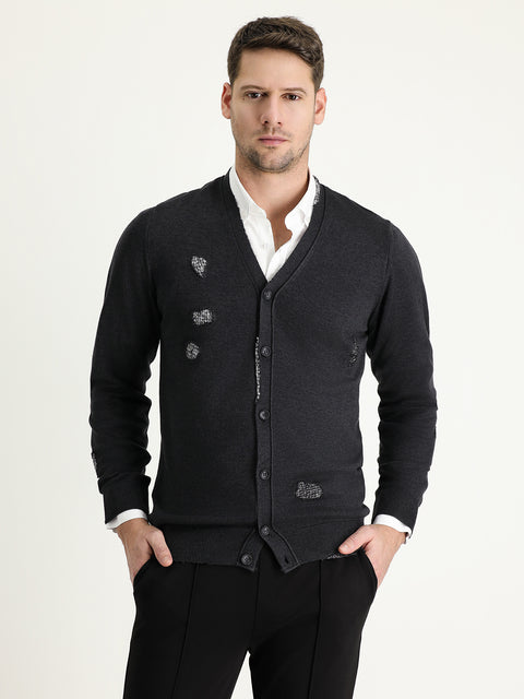 Dark Anthracite Slim Fit Narrow Cut Knit Cardigan