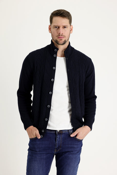 Dark Navy Patterned Wool Knit Cardigan