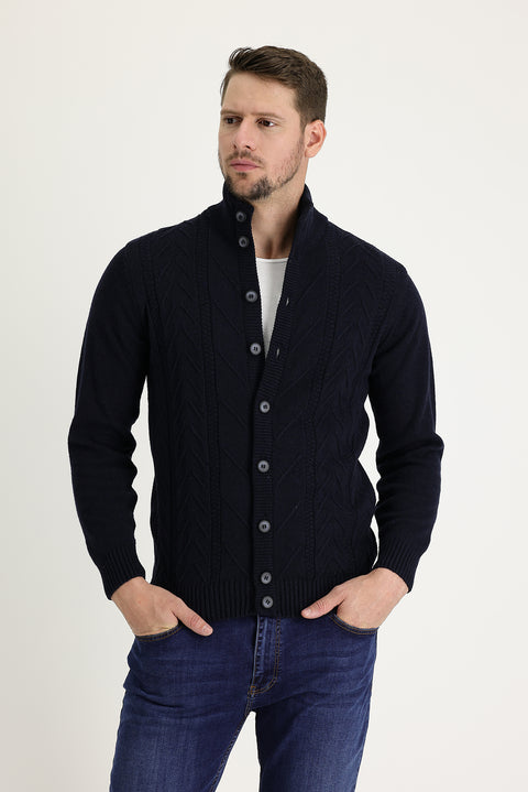 Dark Navy Patterned Wool Knit Cardigan