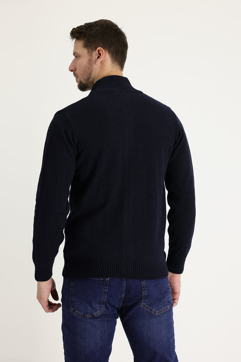 Dark Navy Patterned Wool Knit Cardigan