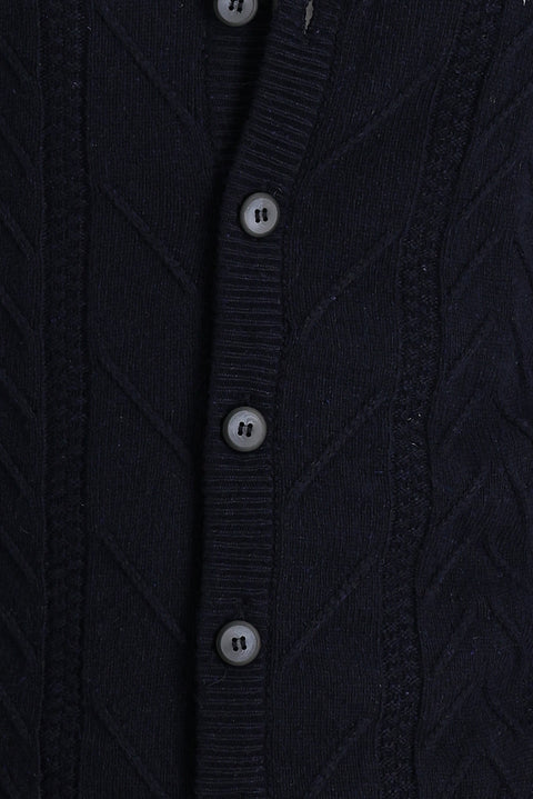 Dark Navy Patterned Wool Knit Cardigan