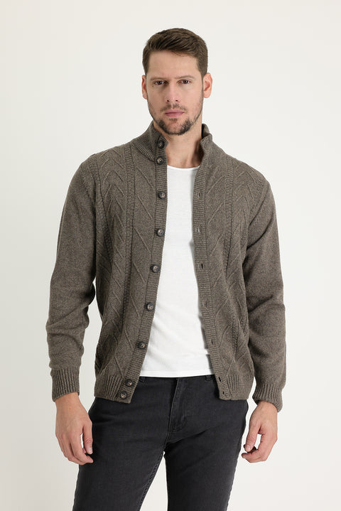 Medium Brown Wool Patterned Knit Cardigan
