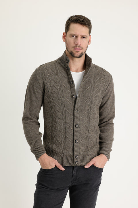 Medium Brown Wool Patterned Knit Cardigan