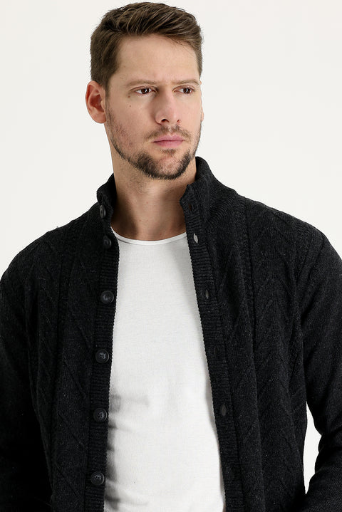 Dark Anthracite Wool Patterned Knit Cardigan