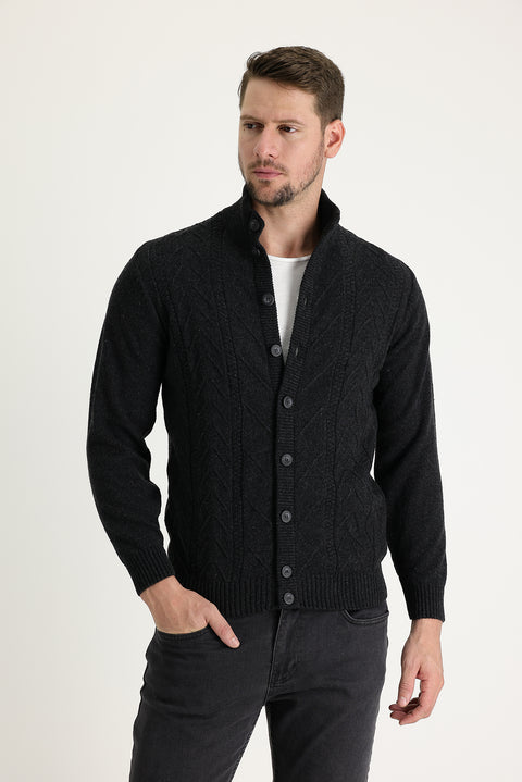 Dark Anthracite Wool Patterned Knit Cardigan
