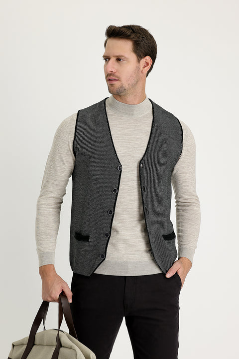 Black Slim Fit Patterned Knit Vest