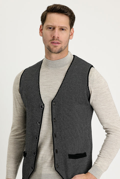 Black Slim Fit Patterned Knit Vest