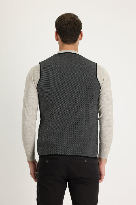 Black Slim Fit Patterned Knit Vest