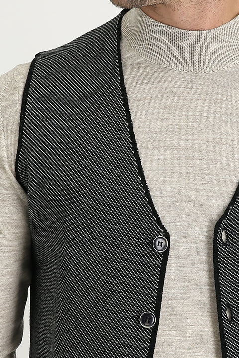 Black Slim Fit Patterned Knit Vest