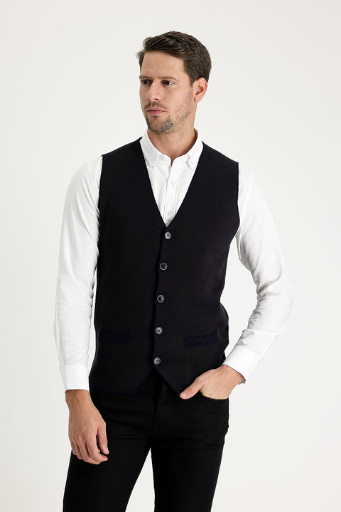 Dark Navy Slim Fit Patterned Cotton Knit Vest