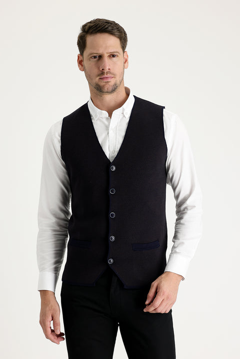 Dark Navy Slim Fit Patterned Cotton Knit Vest