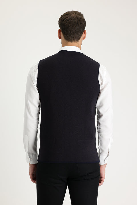 Dark Navy Slim Fit Patterned Cotton Knit Vest