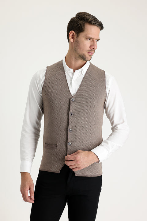 Light Brown Melange Slim Fit Patterned Cotton Knit Vest