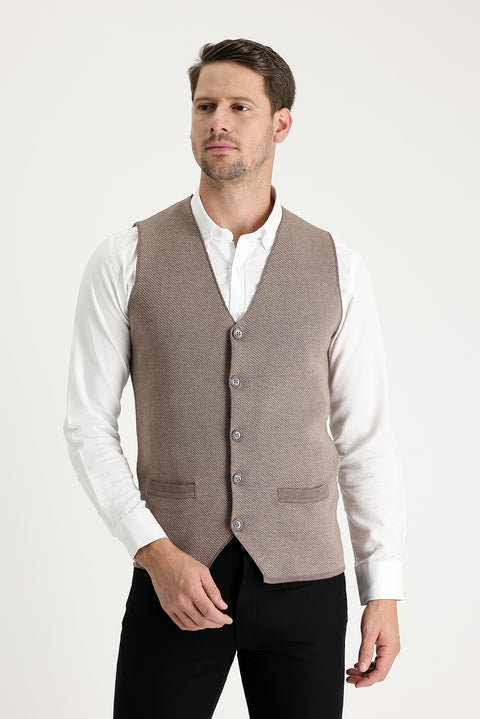 Light Brown Melange Slim Fit Patterned Cotton Knit Vest