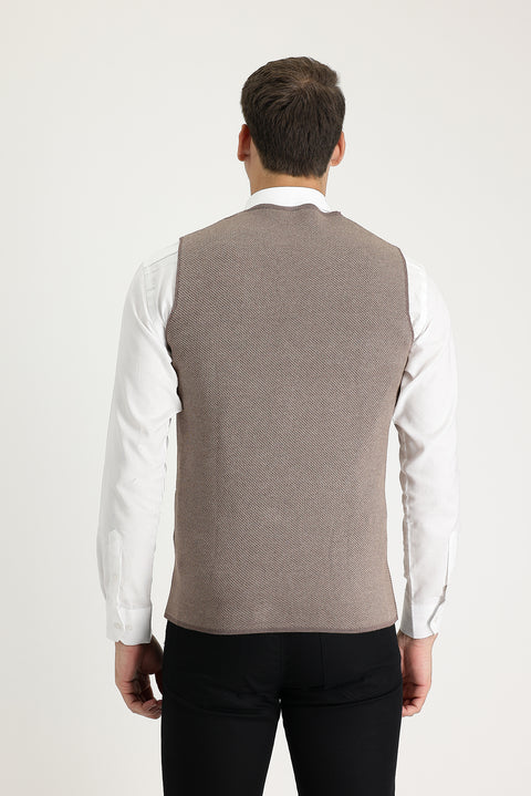Light Brown Melange Slim Fit Patterned Cotton Knit Vest