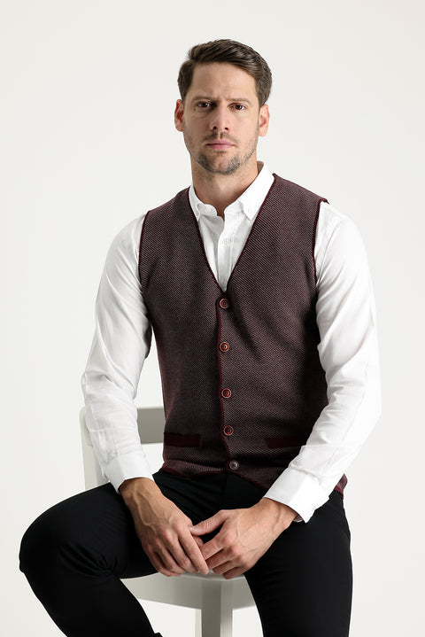 Dark Burgundy Slim Fit Patterned Knit Vest