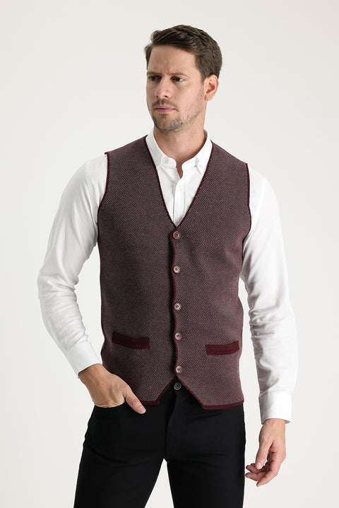 Dark Burgundy Slim Fit Patterned Knit Vest