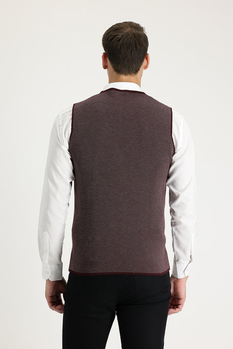 Dark Burgundy Slim Fit Patterned Knit Vest