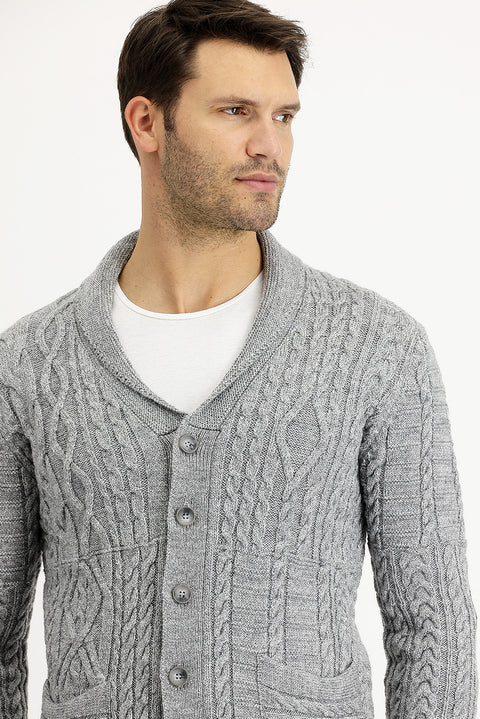 Medium Grey Melange Regular Fit Wool Knit Cardigan