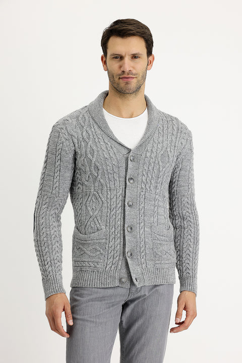 Medium Grey Melange Regular Fit Wool Knit Cardigan