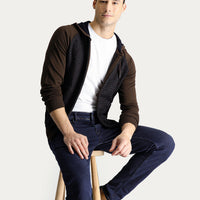 Medium Brown Hooded Zip-Up Cotton Knit Cardigan