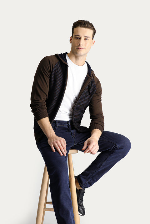 Medium Brown Hooded Zip-Up Cotton Knit Cardigan