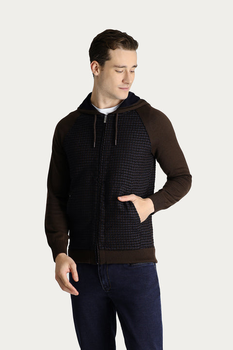 Medium Brown Hooded Zip-Up Cotton Knit Cardigan