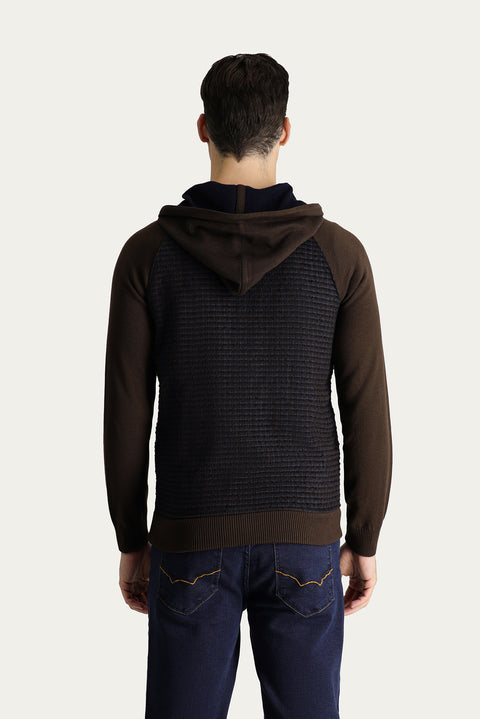 Medium Brown Hooded Zip-Up Cotton Knit Cardigan