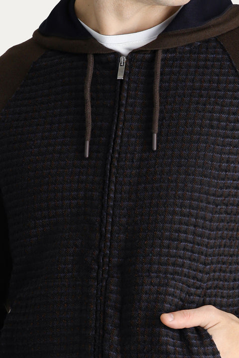 Medium Brown Hooded Zip-Up Cotton Knit Cardigan